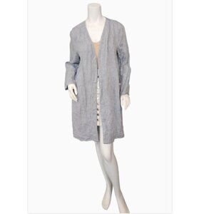 Eileen Fisher Yarn Dyed Handkerchief Organic Linen Chambray Open Midi Jacket